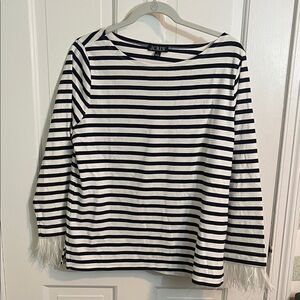 NWT J. Crew Navy and White Striped Top with Feather Cuff Size L